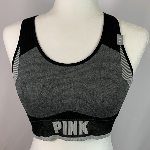 Victoria’s Secret PINK Black & Grey Unlined Sports Bra NWT - Picture 1 of 8